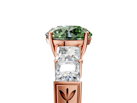 Rose gold Fancy Green Round Cut Solitaire Princess Side Stone Engraved Band Prong Setting Ring_5