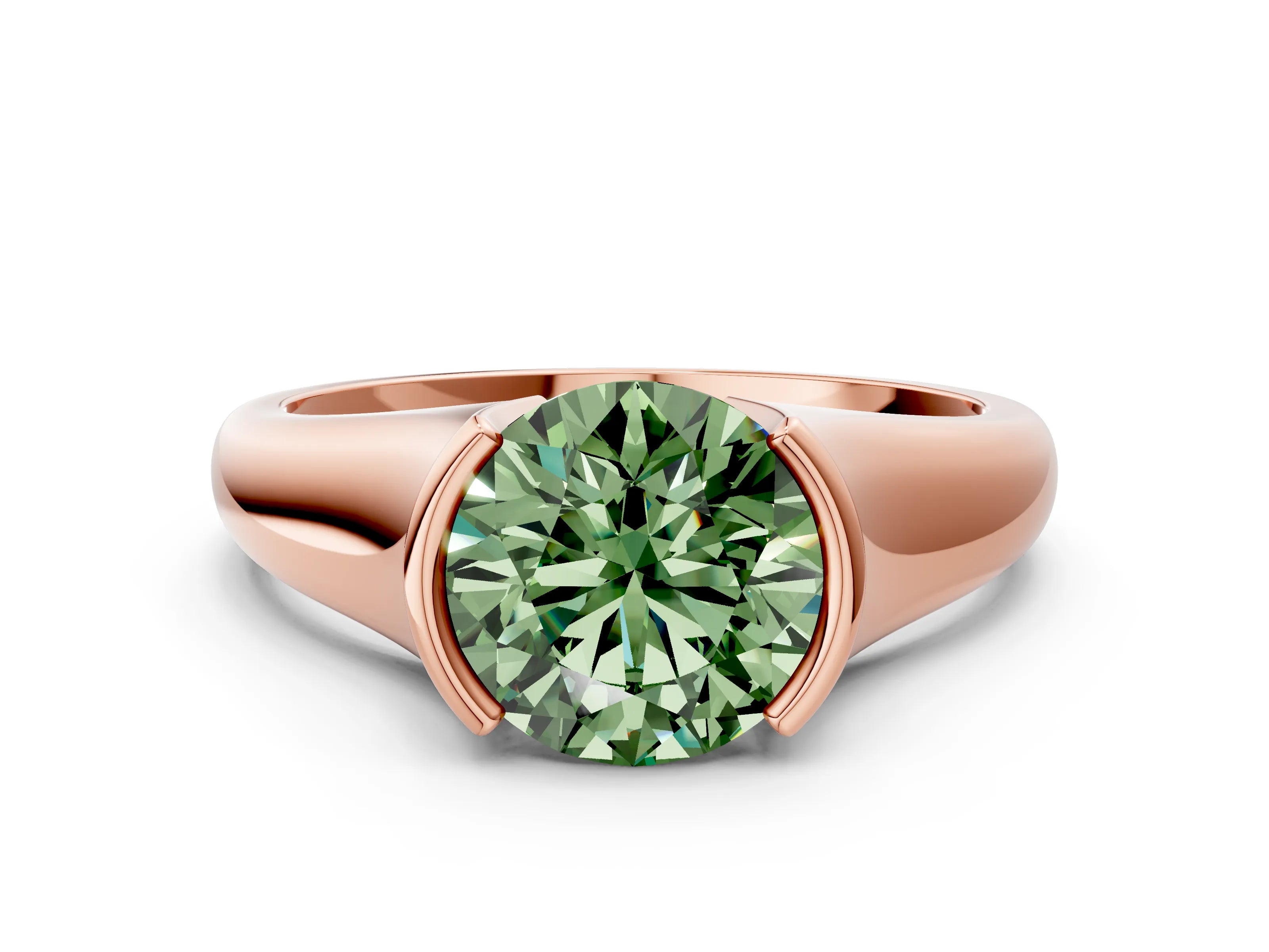 Rose gold Fancy Green Round Cut Solitaire Tension Set Diamond Ring with Split Shank Band