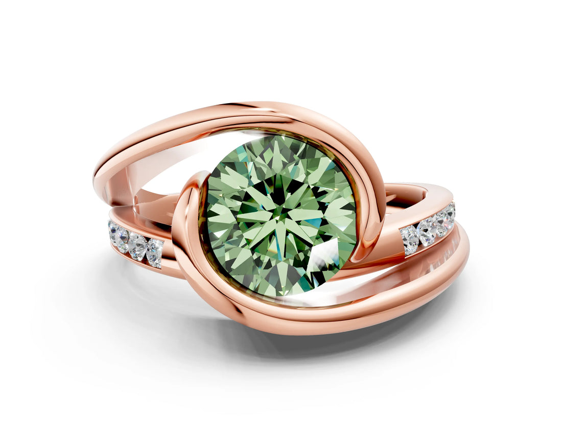 Rose gold Fancy Green Round Cut Solitaire Tension-Set Diamond Split Shank Ring