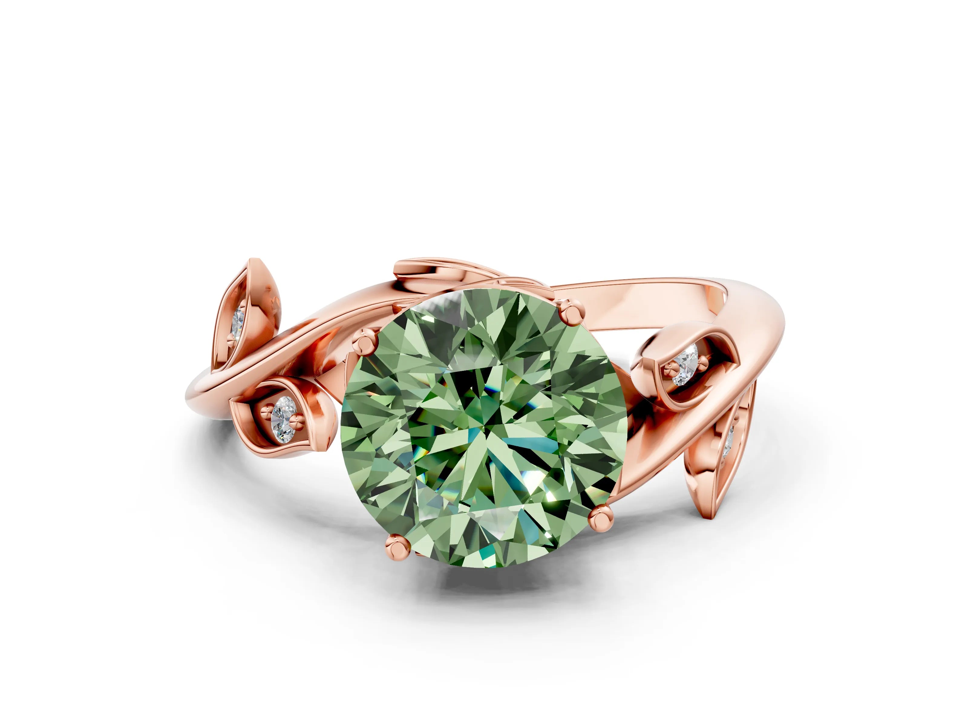 Rose gold Fancy Green Round Cut Solitaire Twist Engagement Ring with Leaf Accents and Prong Setting_12