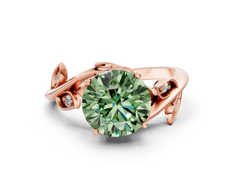 Rose gold Fancy Green Round Cut Solitaire Twist Engagement Ring with Leaf Accents and Prong Setting_12