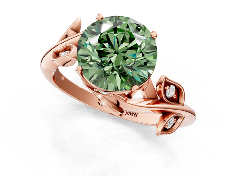 Rose gold Fancy Green Round Cut Solitaire Twist Engagement Ring with Leaf Accents and Prong Setting_13