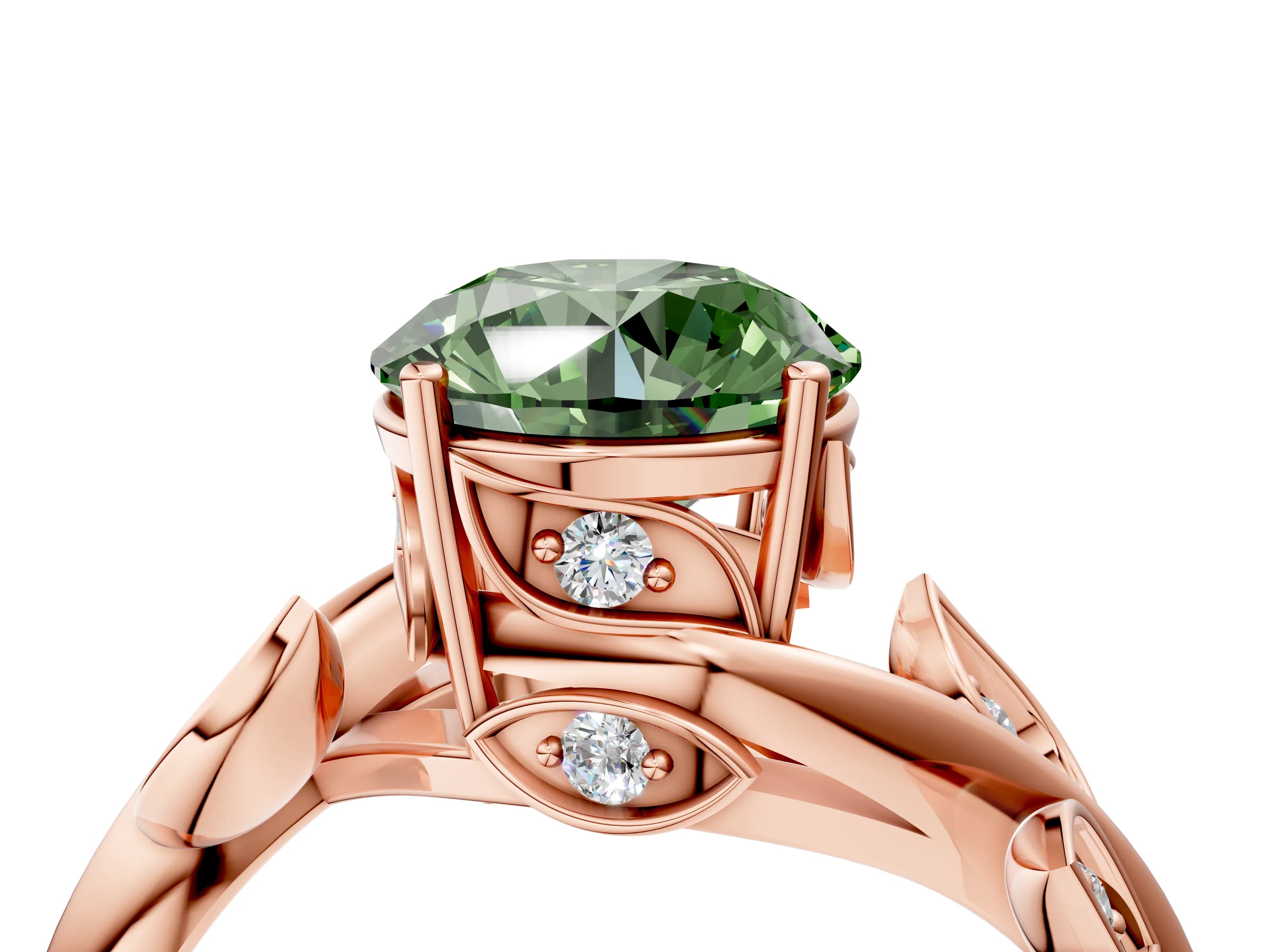 Rose gold Fancy Green Round Cut Solitaire Twist Engagement Ring with Leaf Accents and Prong Setting_16