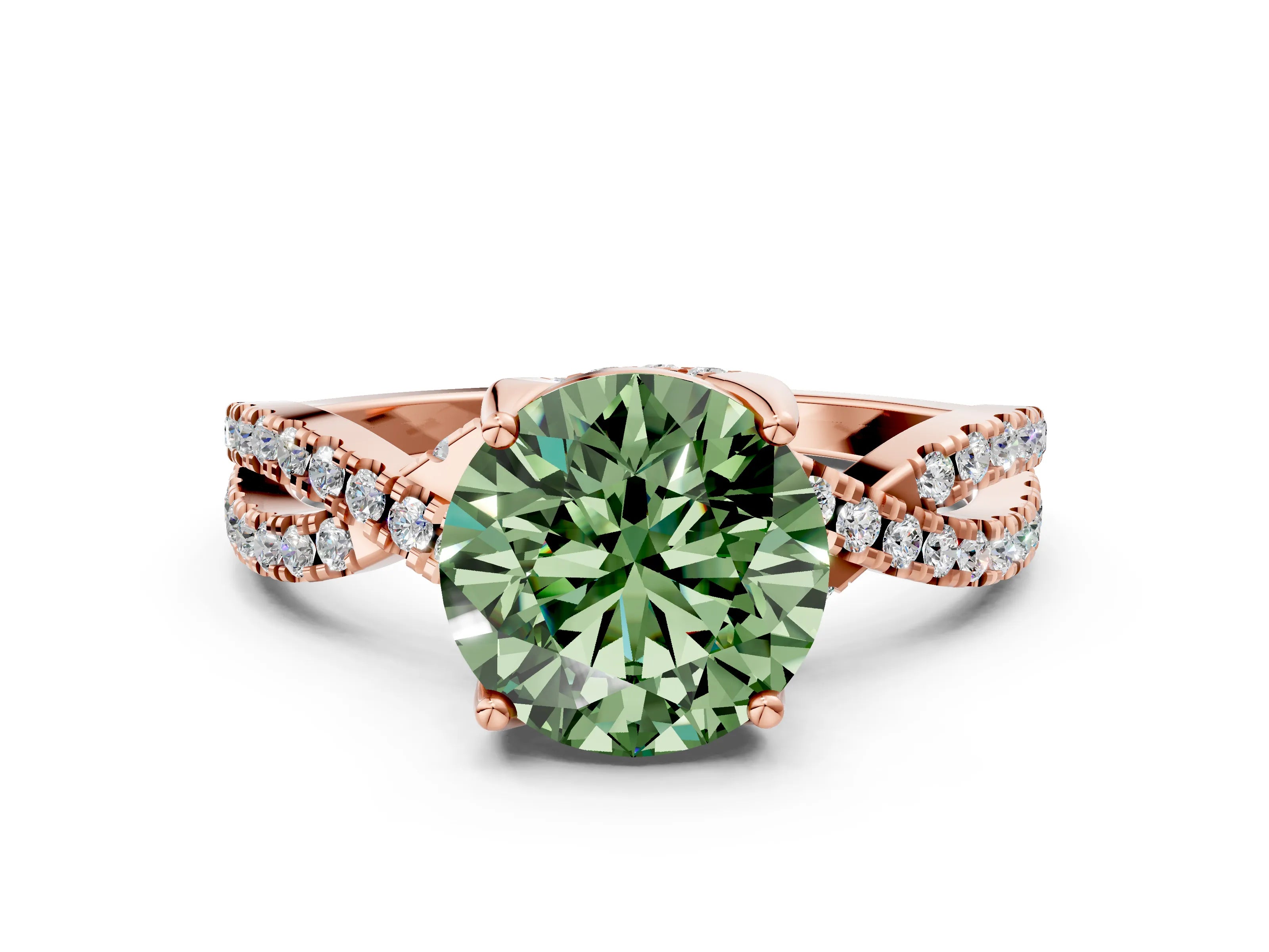 Rose gold Fancy Green Round Cut Solitaire Twist Pave Diamond Engagement Ring with Prong Setting