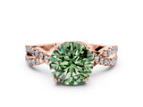Rose gold Fancy Green Round Cut Solitaire Twist Pave Diamond Engagement Ring with Prong Setting
