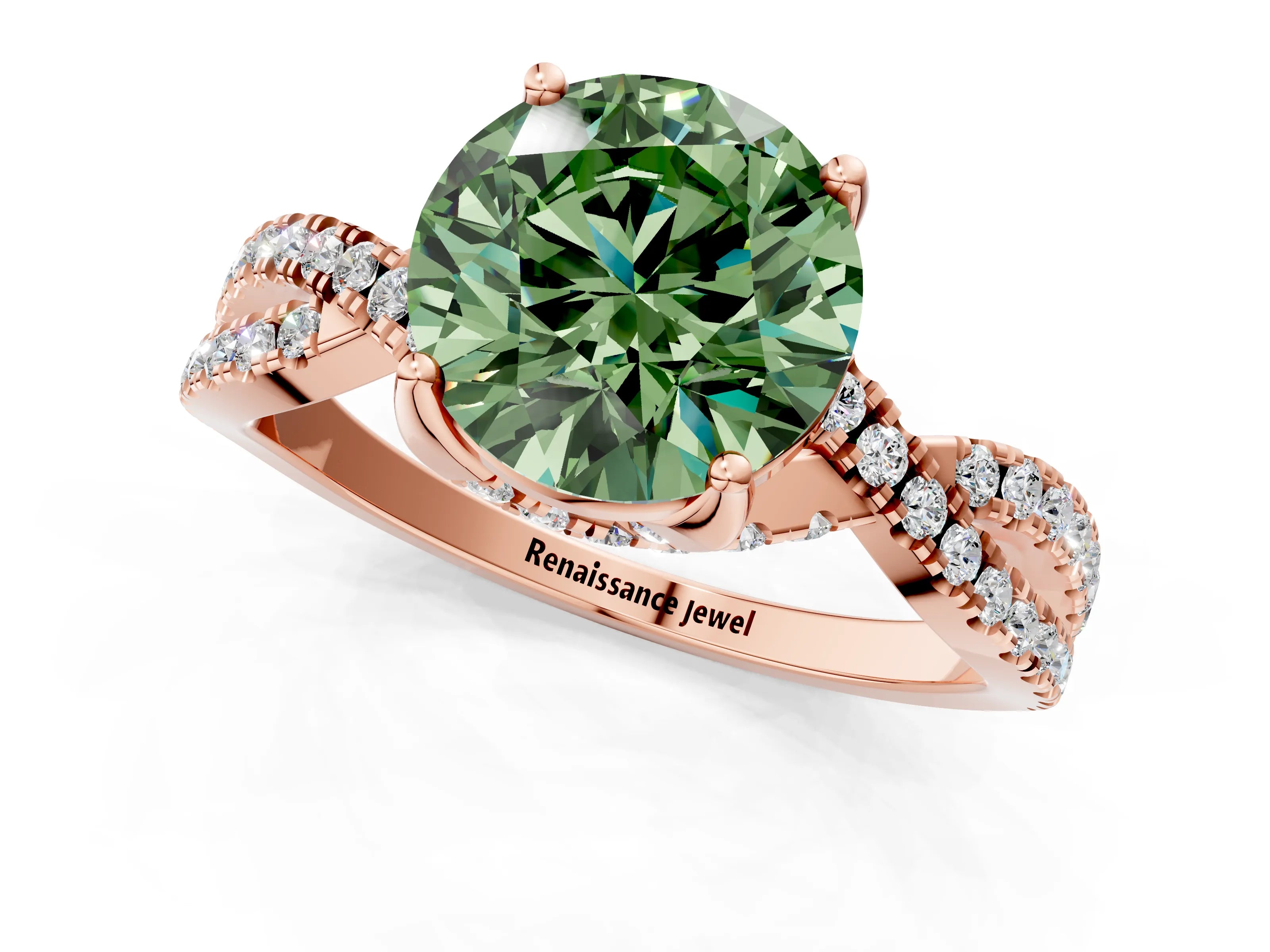Rose gold Fancy Green Round Cut Solitaire Twist Pave Diamond Engagement Ring with Prong Setting_1