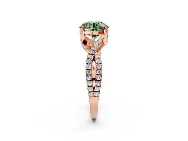 Rose gold Fancy Green Round Cut Solitaire Twist Pave Diamond Engagement Ring with Prong Setting