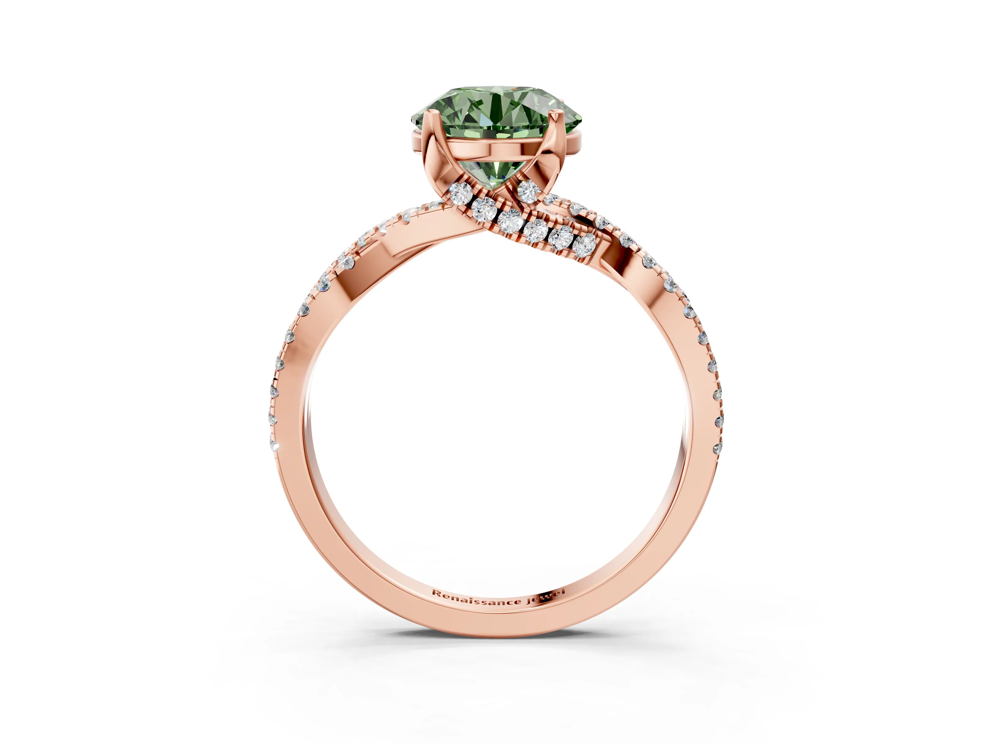 Rose gold Fancy Green Round Cut Solitaire Twist Pave Diamond Engagement Ring with Prong Setting_3