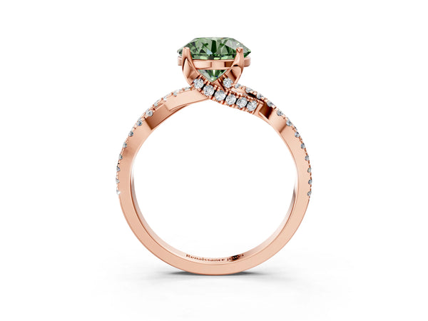 Rose gold Fancy Green Round Cut Solitaire Twist Pave Diamond Engagement Ring with Prong Setting