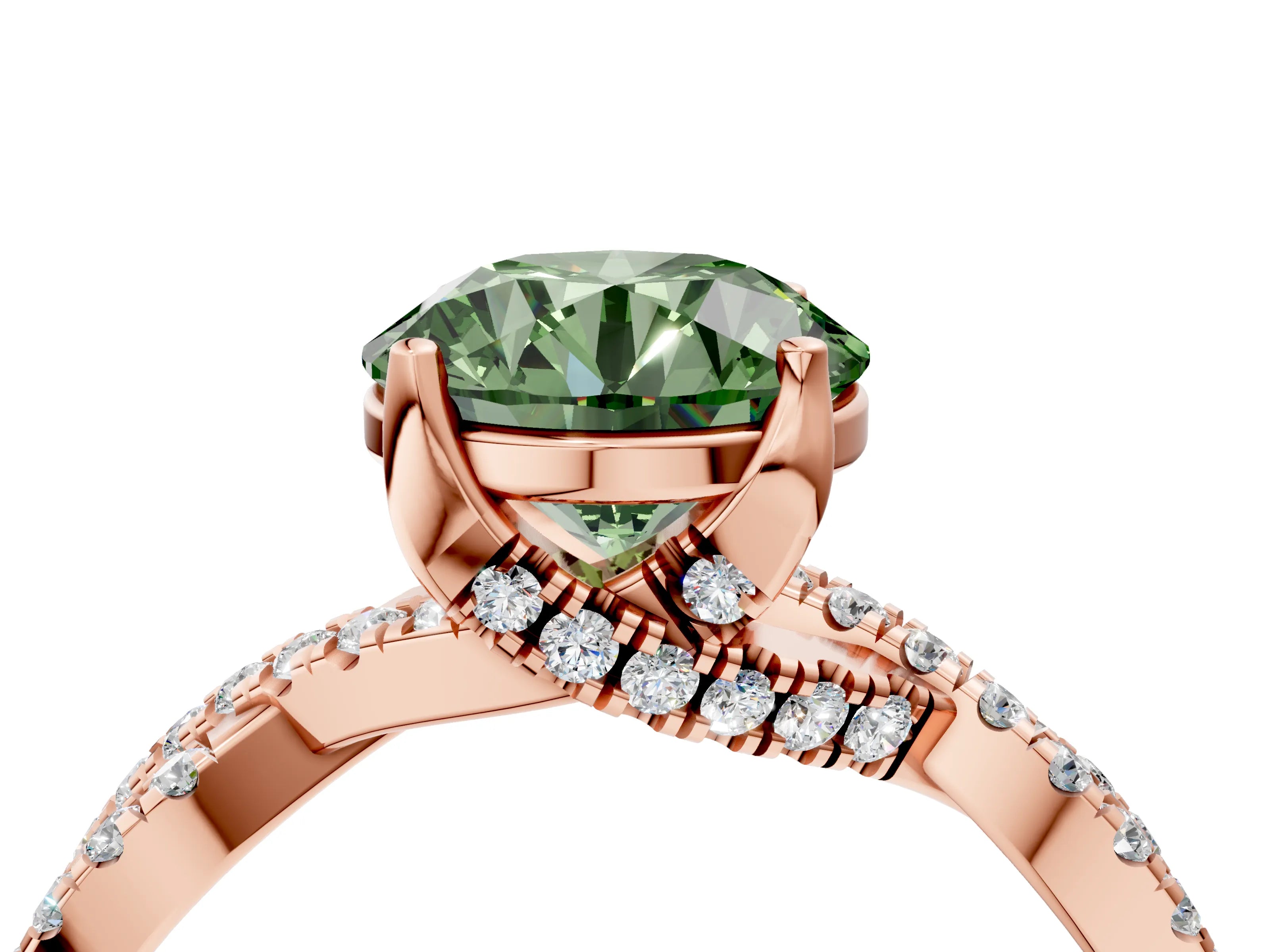 Rose gold Fancy Green Round Cut Solitaire Twist Pave Diamond Engagement Ring with Prong Setting_4