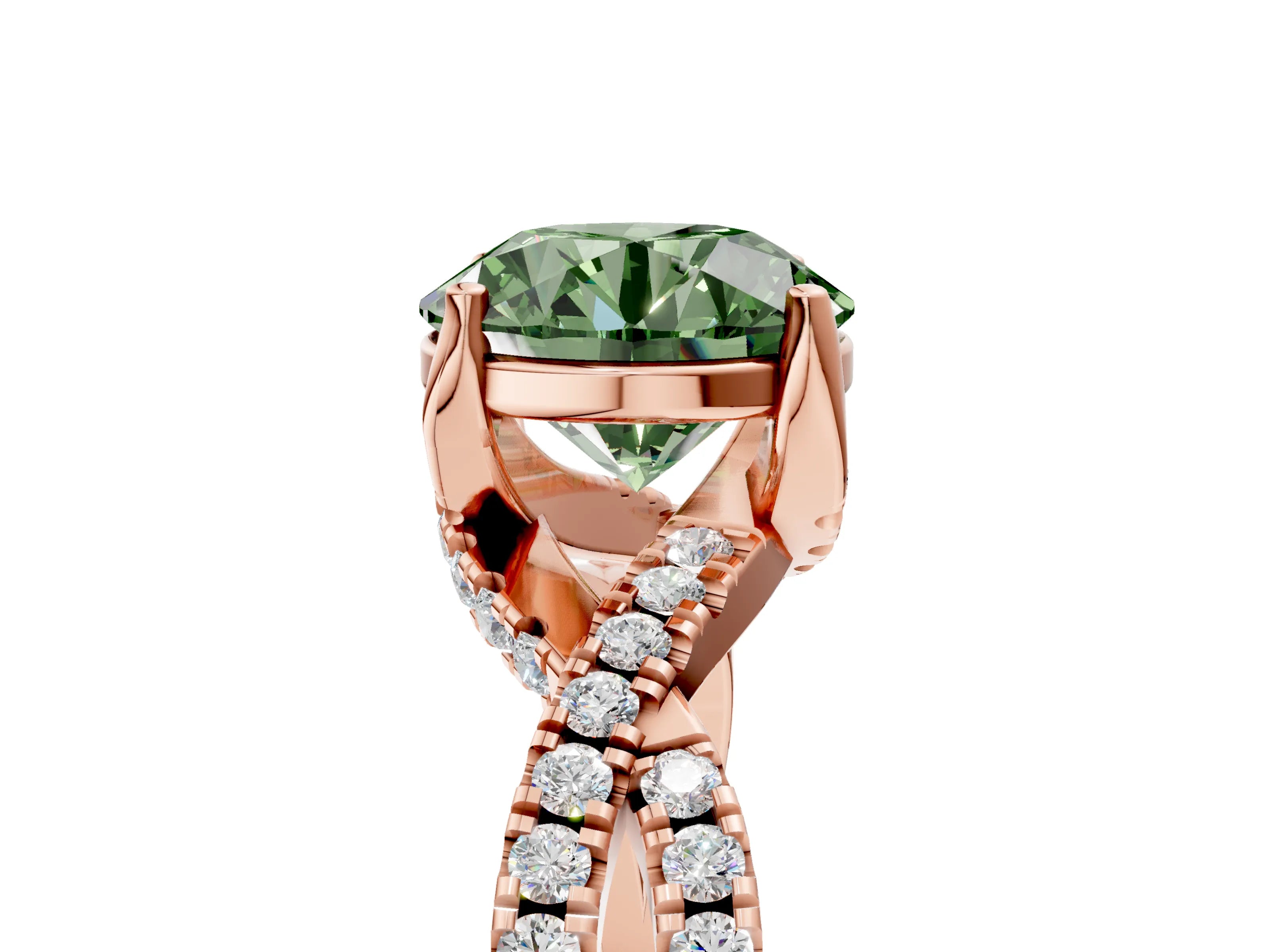 Rose gold Fancy Green Round Cut Solitaire Twist Pave Diamond Engagement Ring with Prong Setting_5