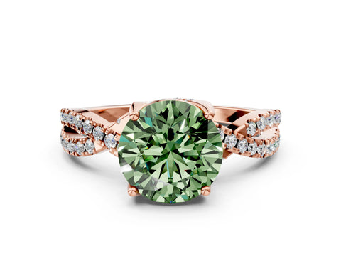 Rose gold Fancy Green Round Cut Solitaire Twist Pave Diamond Engagement Ring with Prong Setting
