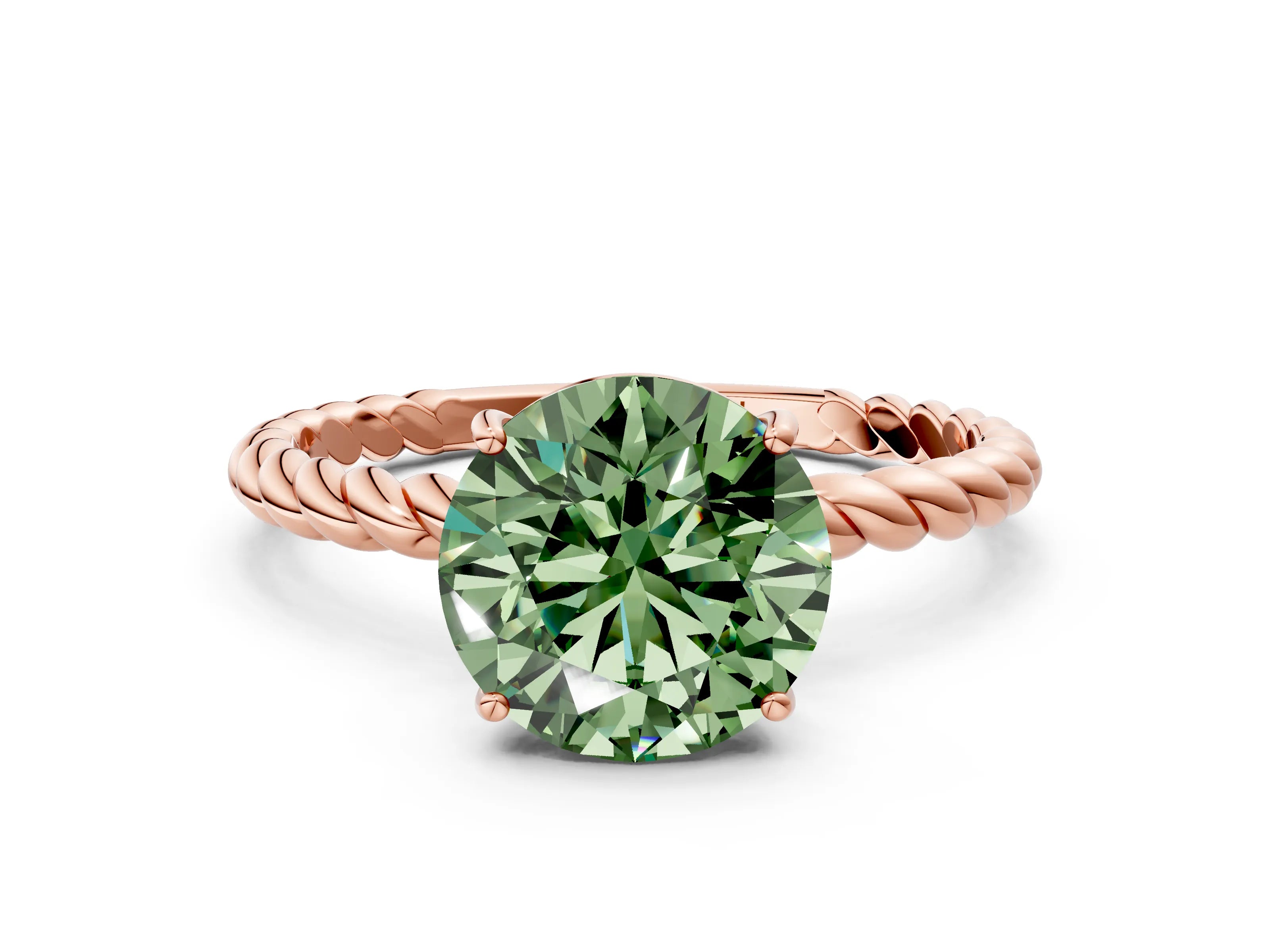Rose gold Fancy Green Round Cut Solitaire Twisted Band 4-Prong Ring