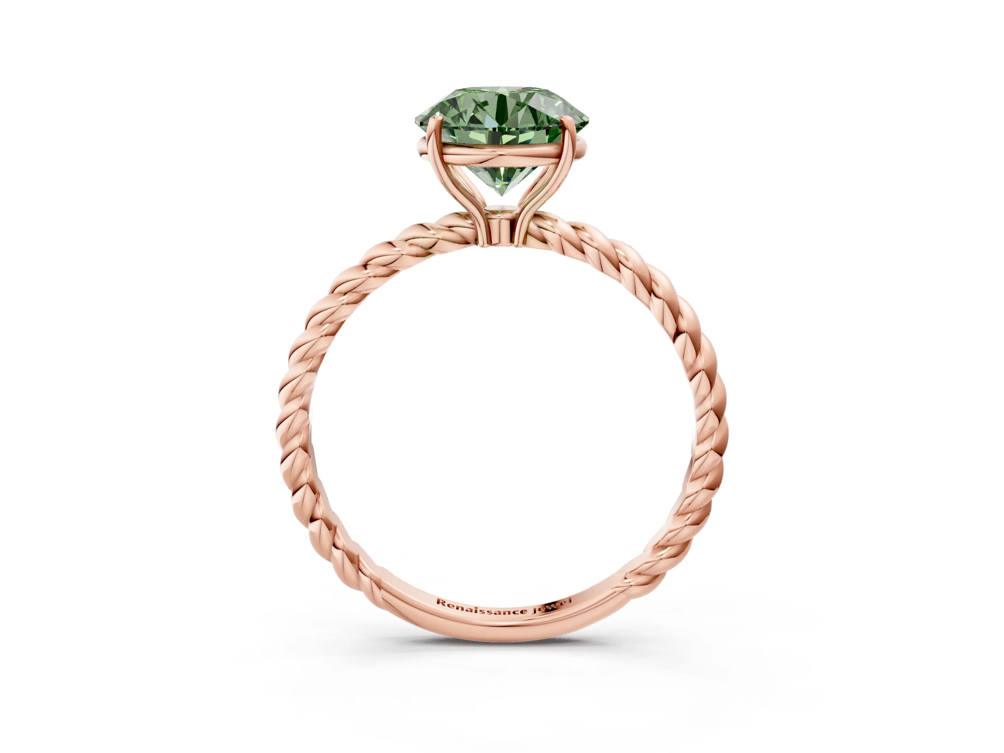 Rose gold Fancy Green Round Cut Solitaire Twisted Band 4-Prong Ring_3