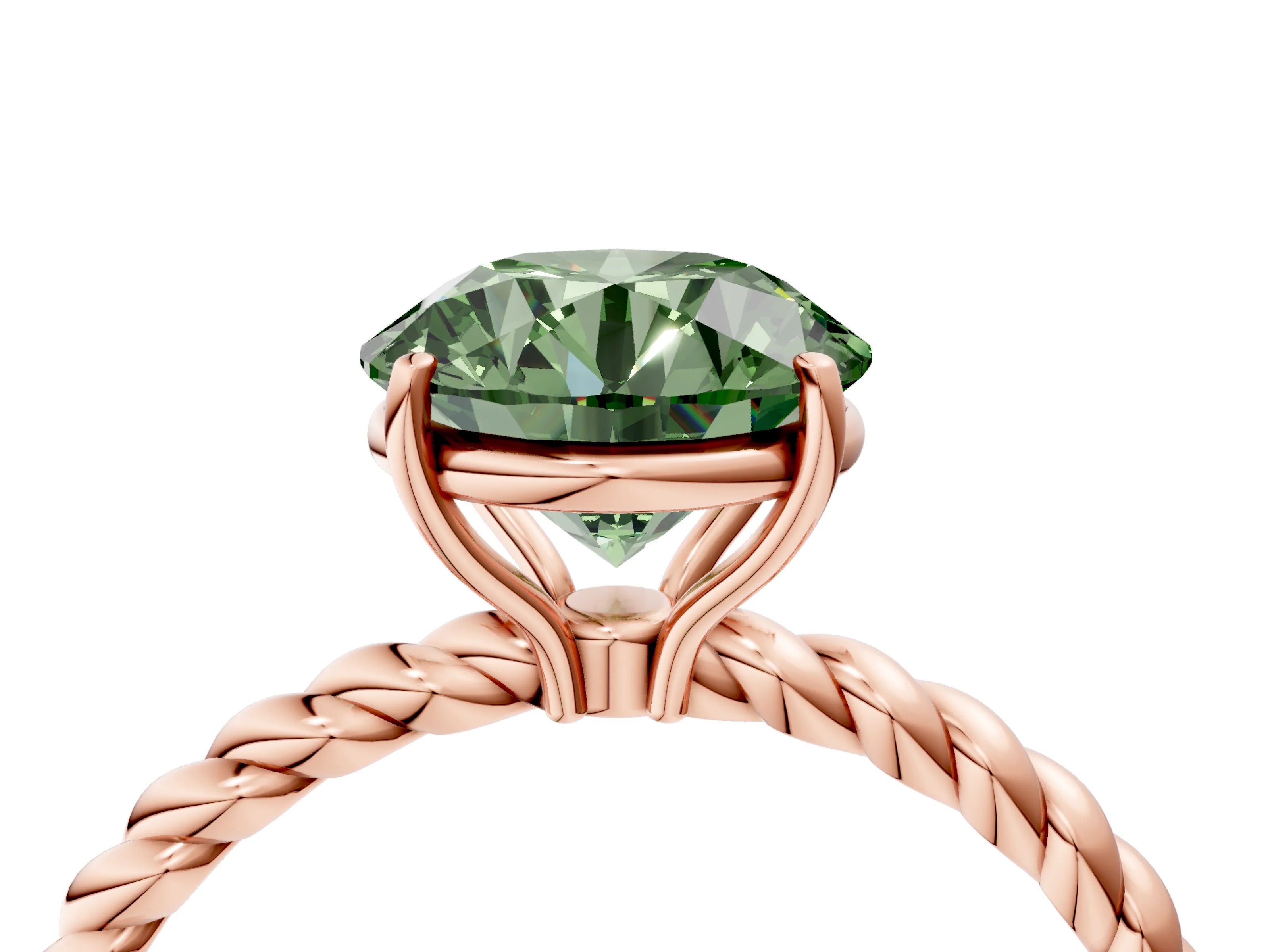 Rose gold Fancy Green Round Cut Solitaire Twisted Band 4-Prong Ring_4