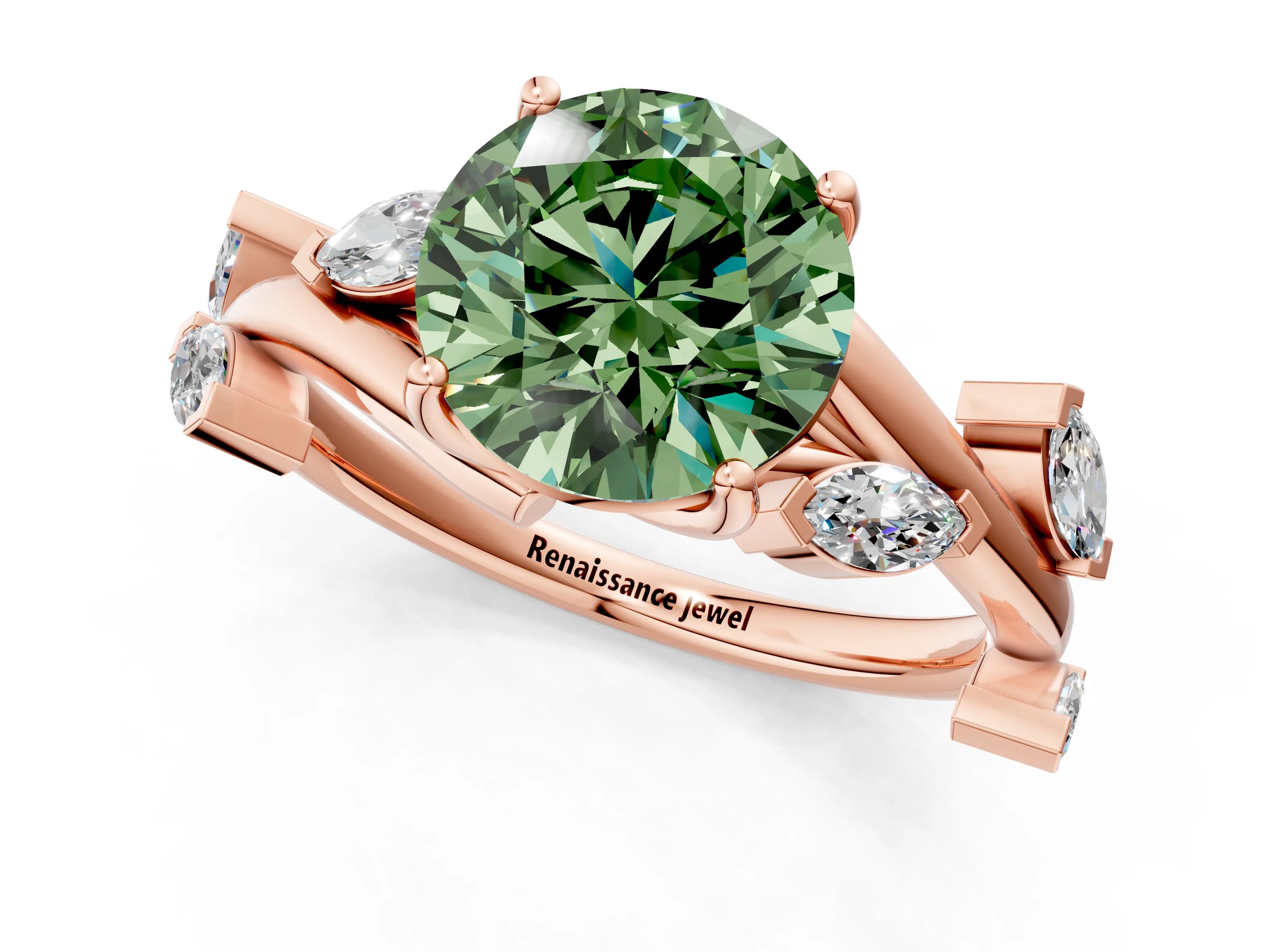 Rose gold Fancy Green Round Cut Solitaire Twisted Band Marquise Accent Prong Setting Ring_1