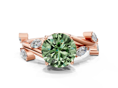 Rose gold Fancy Green Round Cut Solitaire Twisted Band Marquise Accent Prong Setting Ring_12