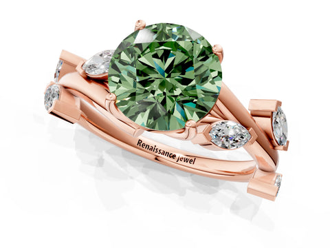 Rose gold Fancy Green Round Cut Solitaire Twisted Band Marquise Accent Prong Setting Ring_13