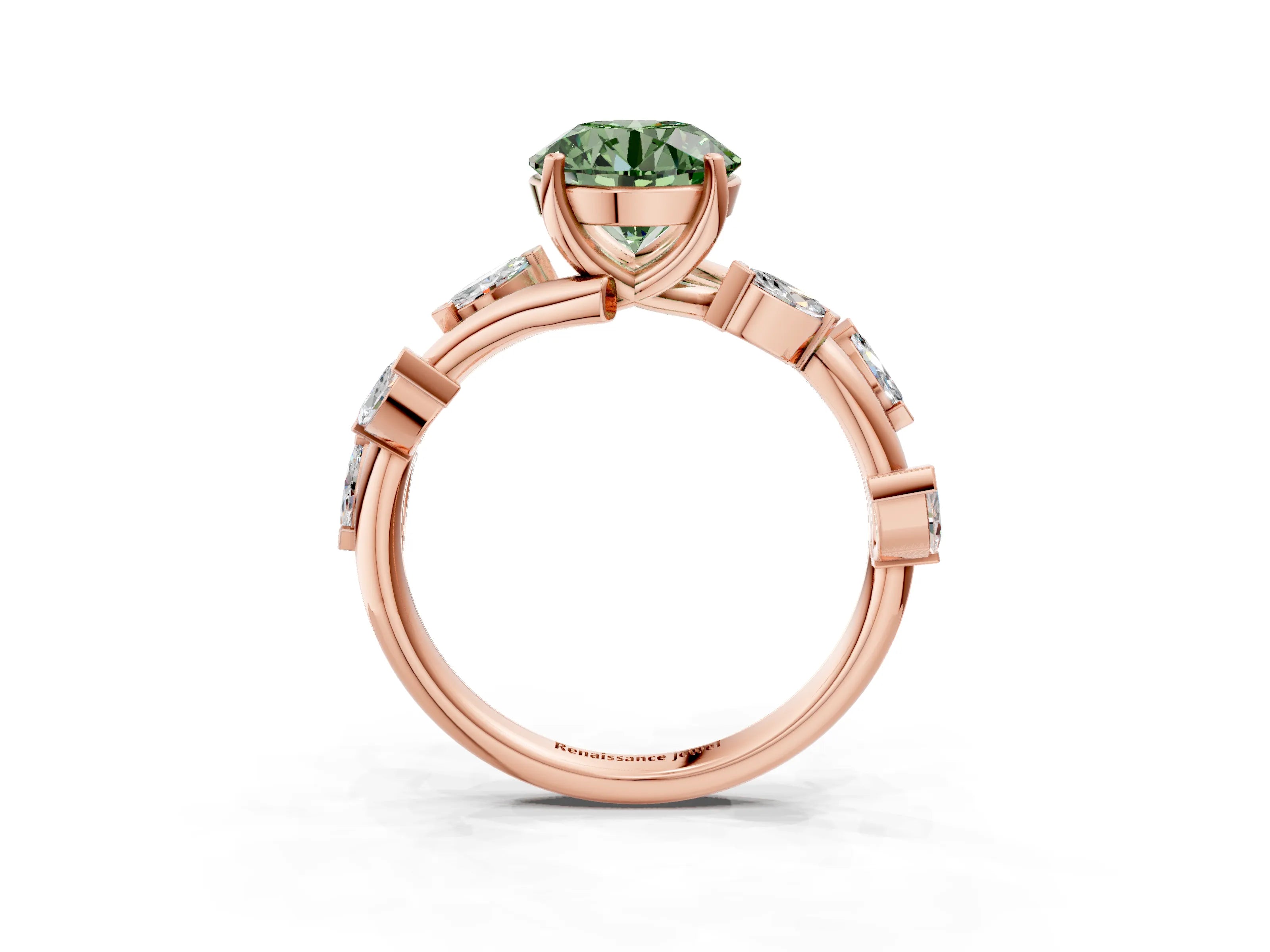 Rose gold Fancy Green Round Cut Solitaire Twisted Band Marquise Accent Prong Setting Ring_15