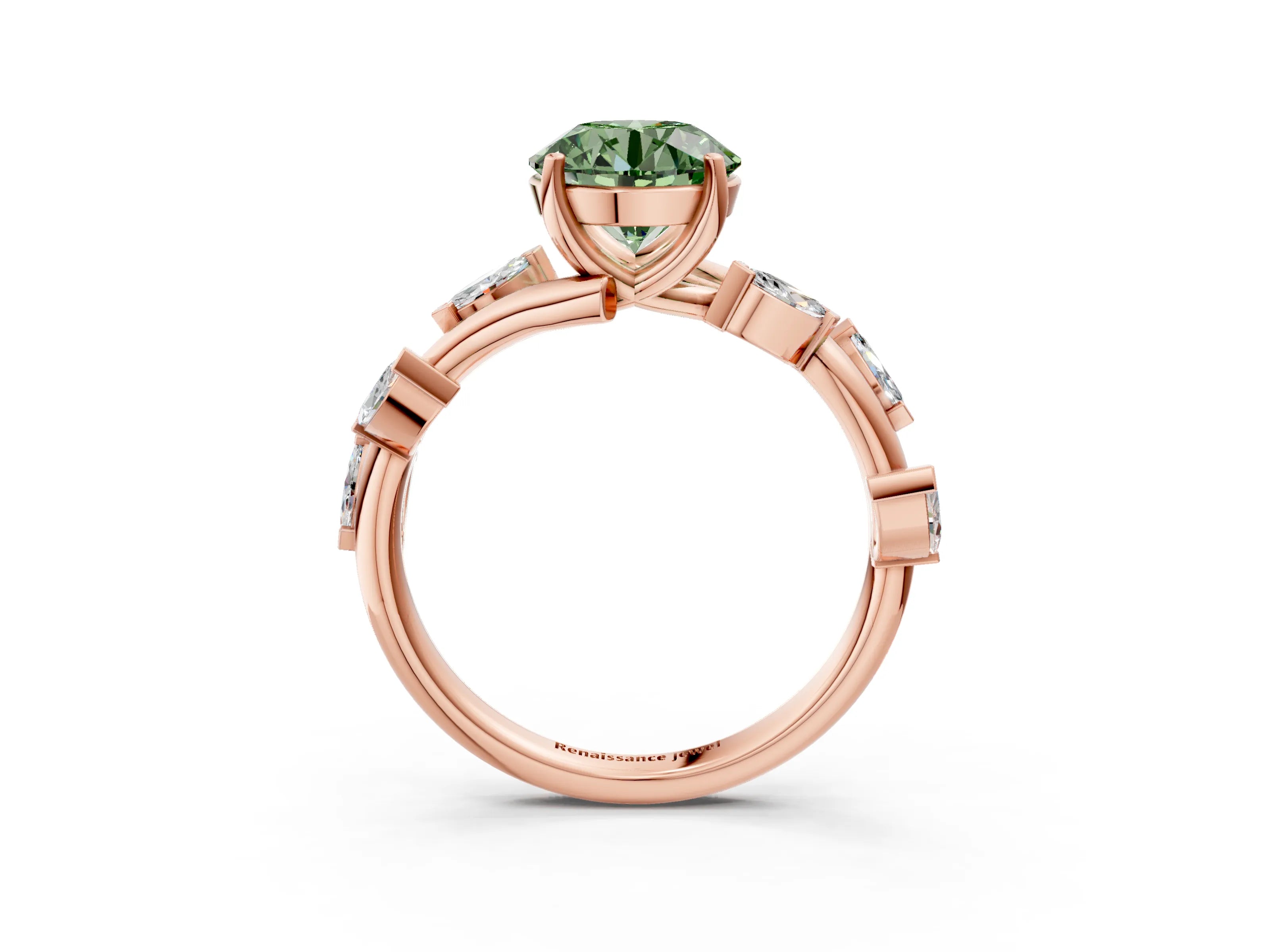 Rose gold Fancy Green Round Cut Solitaire Twisted Band Marquise Accent Prong Setting Ring_3