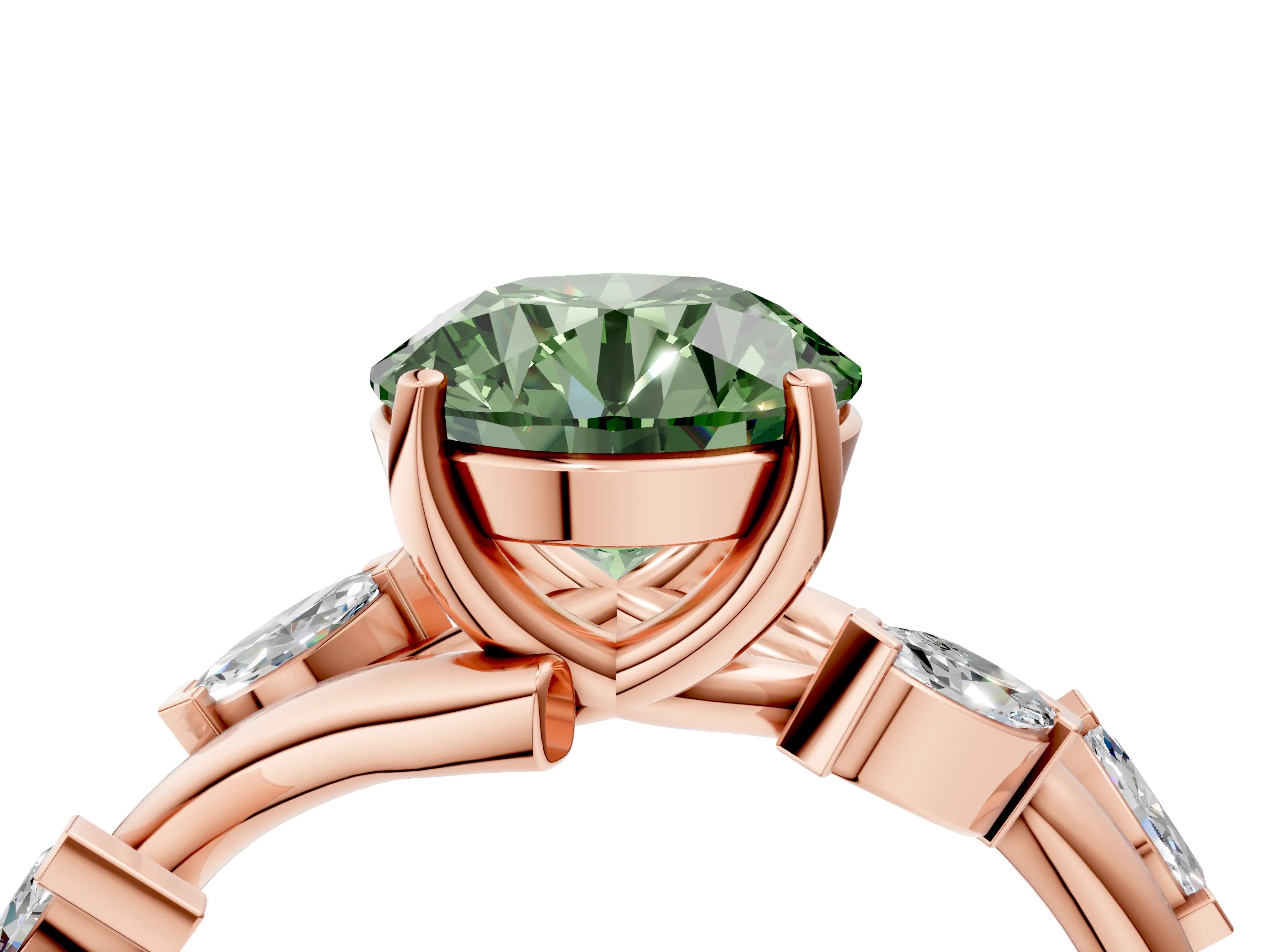 Rose gold Fancy Green Round Cut Solitaire Twisted Band Marquise Accent Prong Setting Ring_4