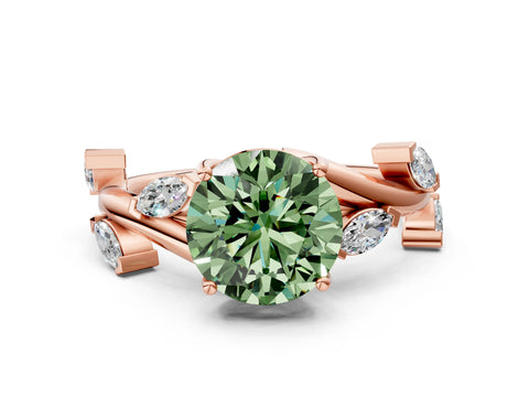 Rose gold Fancy Green Round Cut Solitaire Twisted Band Marquise Accent Prong Setting Ring