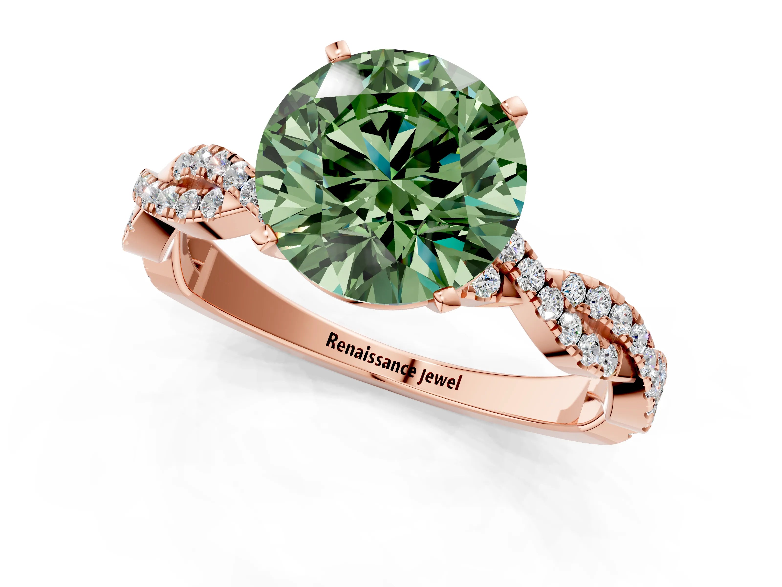 Rose gold Fancy Green Round Cut Solitaire Twisted Pave Band with Four-Prong Setting_4