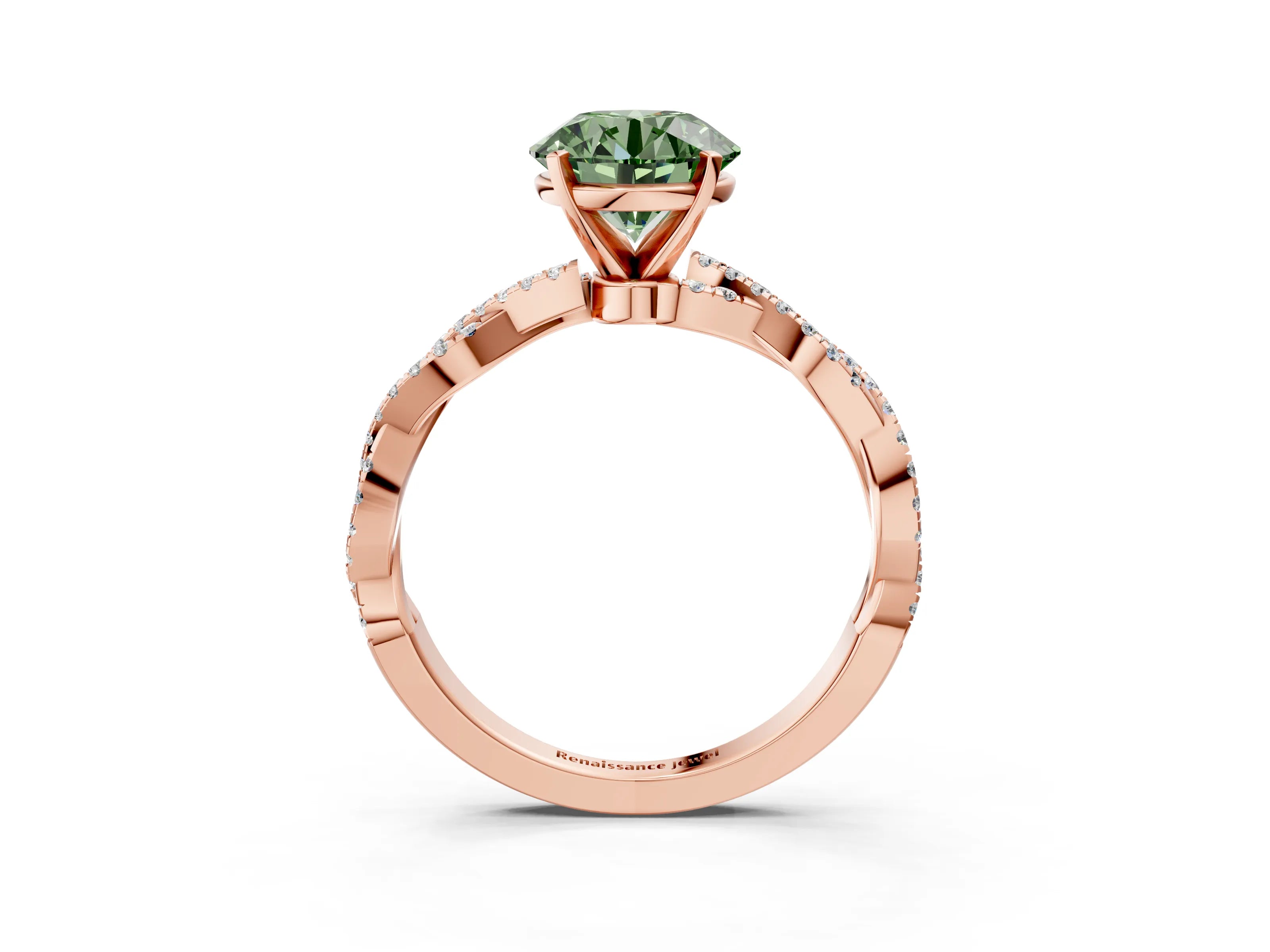 Rose gold Fancy Green Round Cut Solitaire Twisted Pave Band with Four-Prong Setting_6