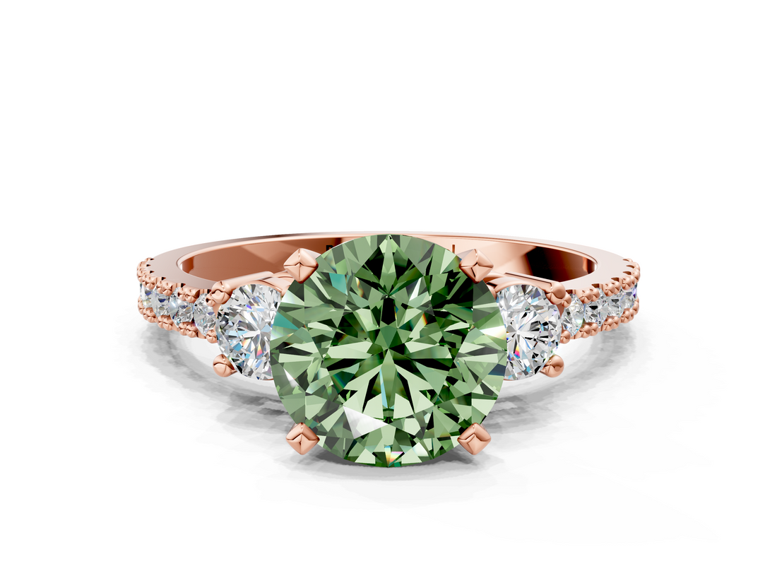 Rose gold Fancy Green Round  Cut Three-Stone Diamond Pavé Band with Prong Setting_17