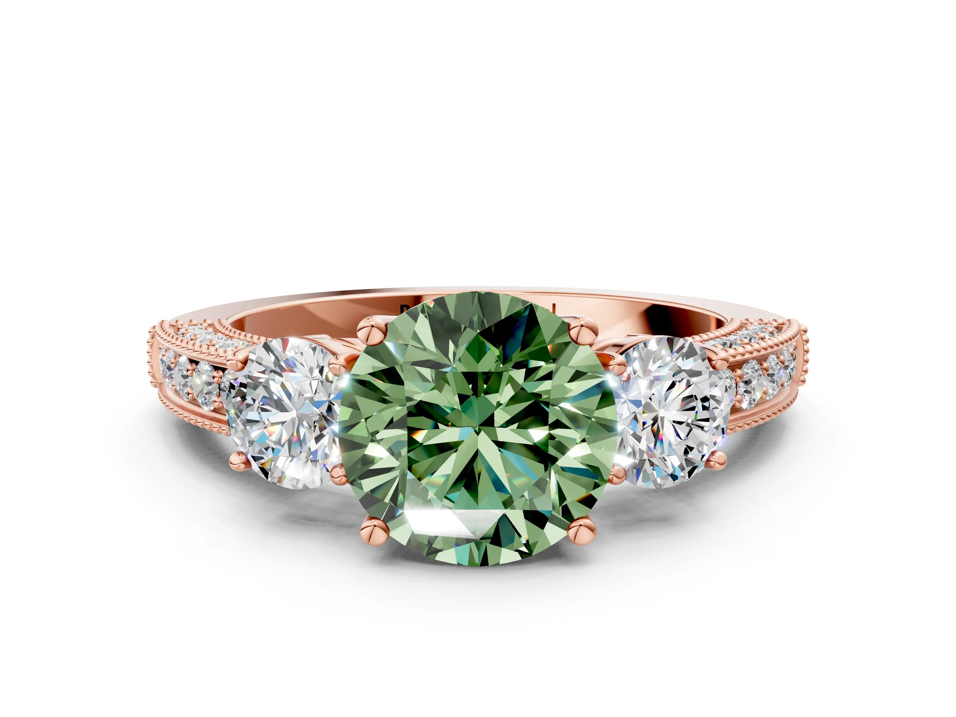 Rose gold Fancy Green Round Cut Three-Stone Diamond Ring with Pavé Band and Four-Prong Setting