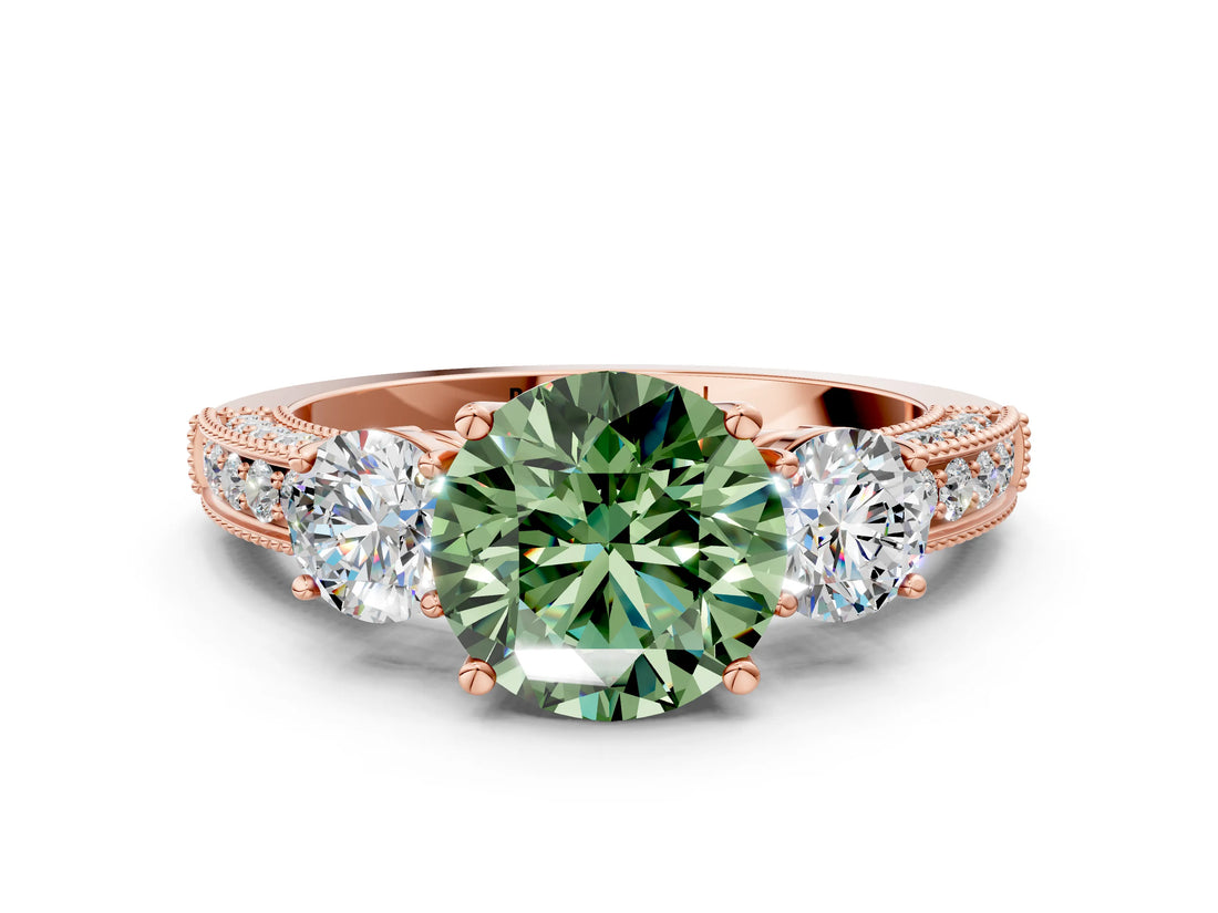 Rose gold Fancy Green Round Cut Three-Stone Diamond Ring with Pavé Band and Four-Prong Setting