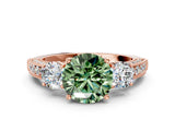 Rose gold Fancy Green Round Cut Three-Stone Diamond Ring with Pavé Band and Four-Prong Setting