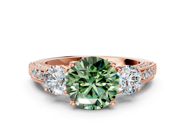 Rose gold Fancy Green Round Cut Three-Stone Diamond Ring with Pavé Band and Four-Prong Setting