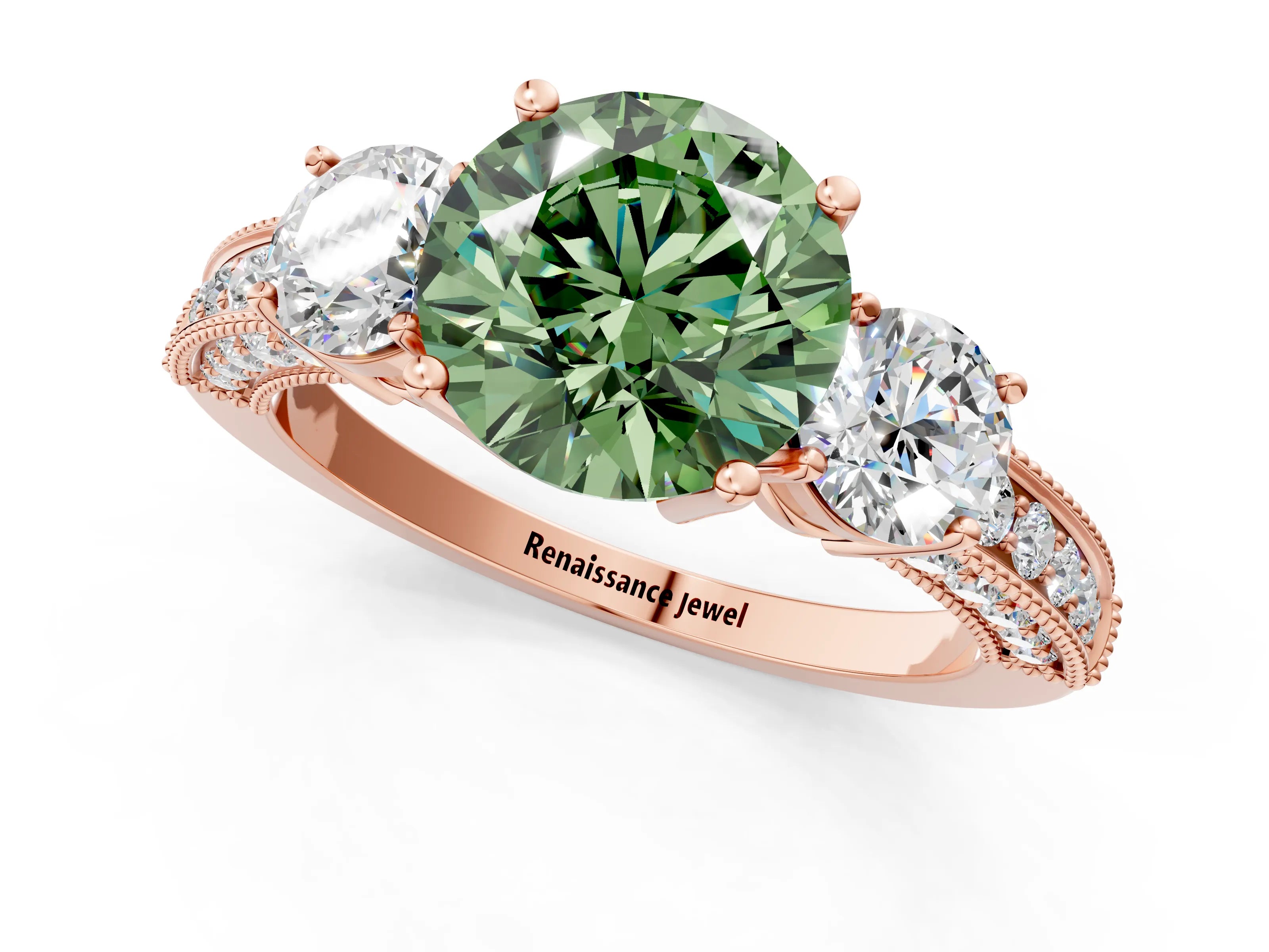 Rose gold Fancy Green Round Cut Three-Stone Diamond Ring with Pavé Band and Four-Prong Setting_1