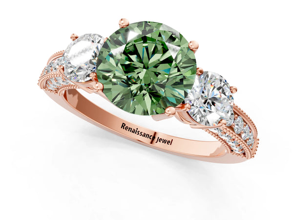 Rose gold Fancy Green Round Cut Three-Stone Diamond Ring with Pavé Band and Four-Prong Setting