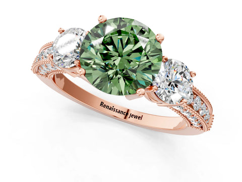 Rose gold Fancy Green Round Cut Three-Stone Diamond Ring with Pavé Band and Four-Prong Setting_1