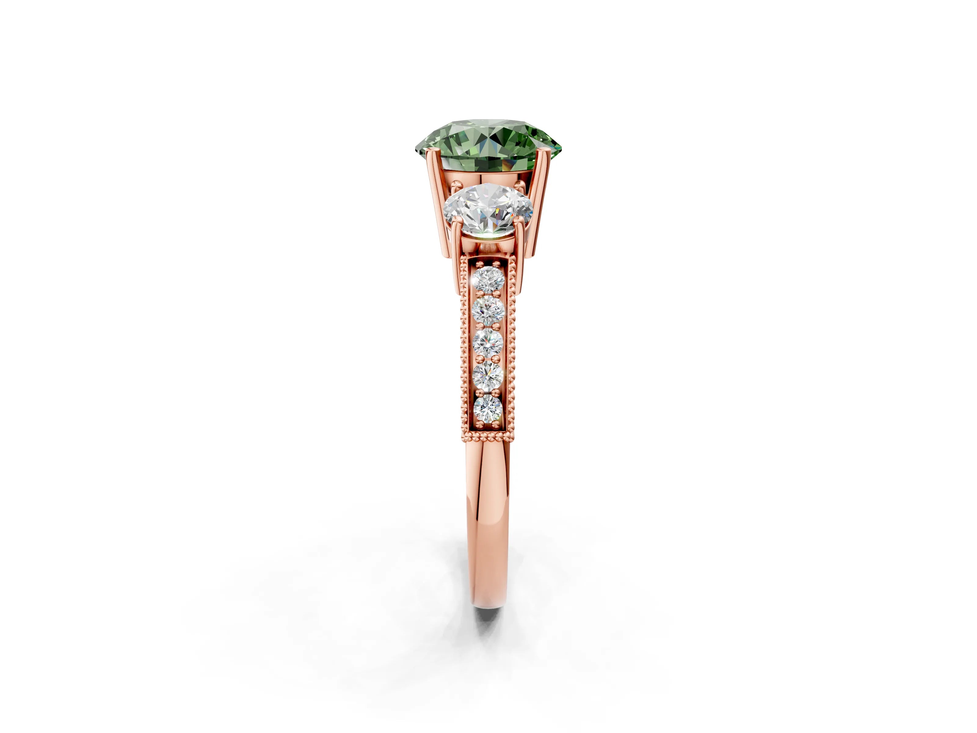 Rose gold Fancy Green Round Cut Three-Stone Diamond Ring with Pavé Band and Four-Prong Setting_2