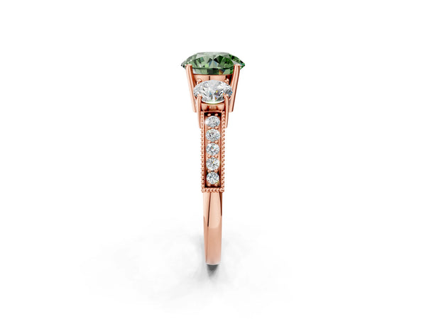 Rose gold Fancy Green Round Cut Three-Stone Diamond Ring with Pavé Band and Four-Prong Setting