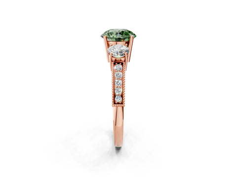 Rose gold Fancy Green Round Cut Three-Stone Diamond Ring with Pavé Band and Four-Prong Setting_2