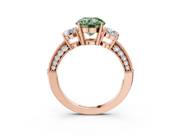 Rose gold Fancy Green Round Cut Three-Stone Diamond Ring with Pavé Band and Four-Prong Setting