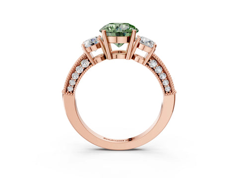 Rose gold Fancy Green Round Cut Three-Stone Diamond Ring with Pavé Band and Four-Prong Setting_3