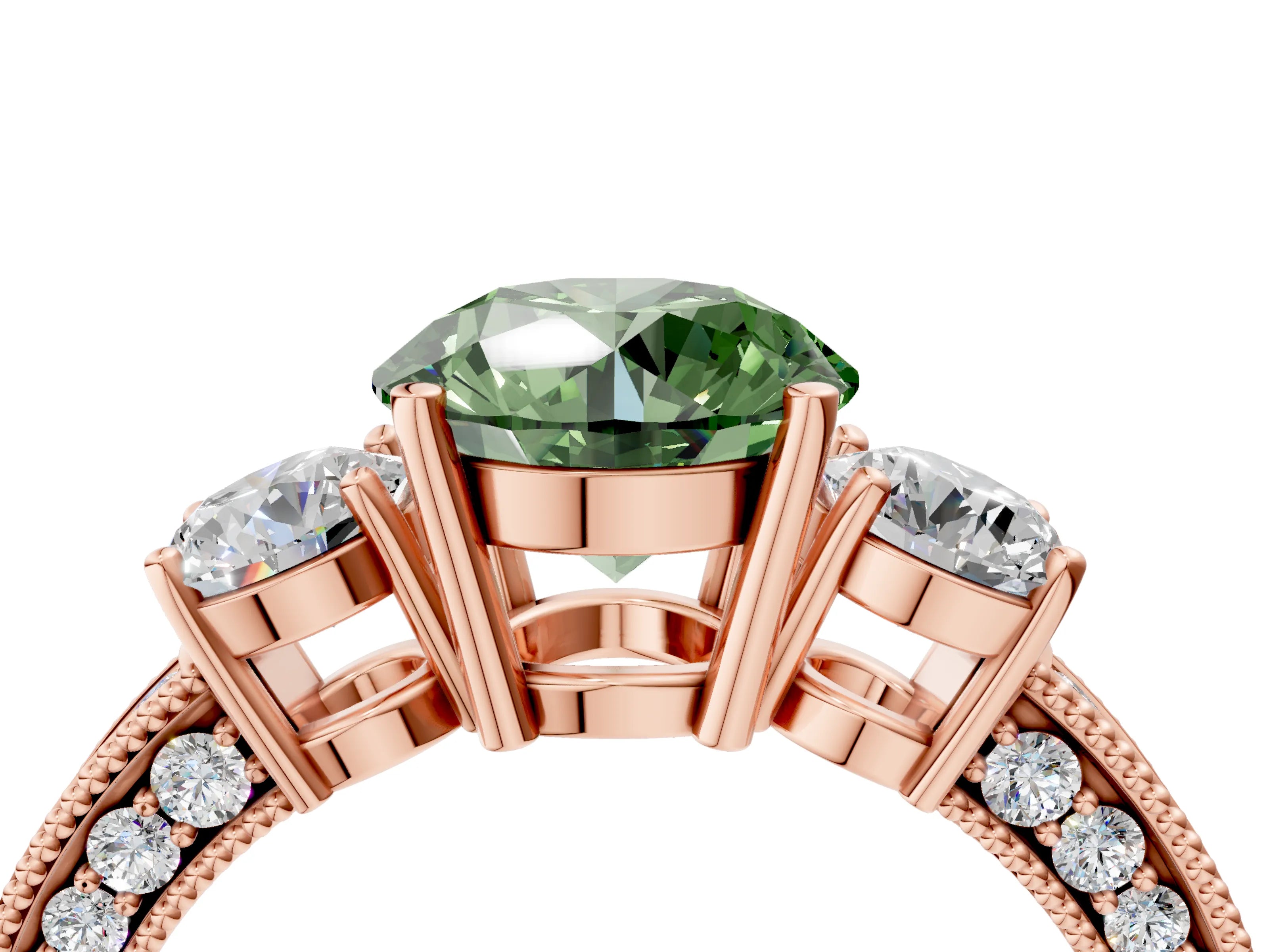 Rose gold Fancy Green Round Cut Three-Stone Diamond Ring with Pavé Band and Four-Prong Setting_4