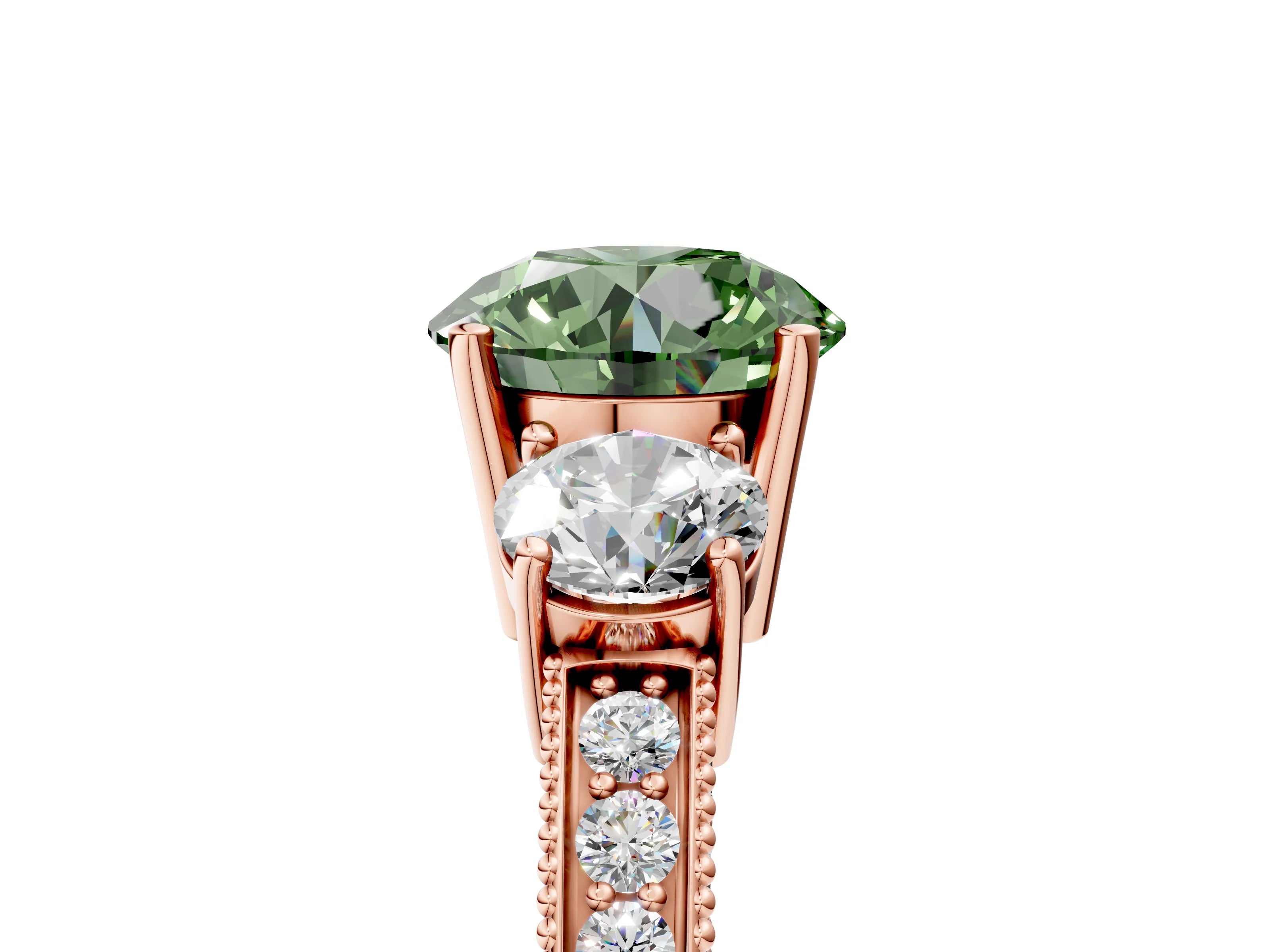 Rose gold Fancy Green Round Cut Three-Stone Diamond Ring with Pavé Band and Four-Prong Setting_5