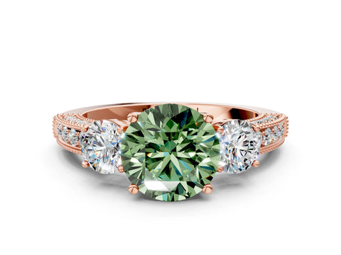 Rose gold Fancy Green Round Cut Three-Stone Diamond Ring with Pavé Band and Four-Prong Setting