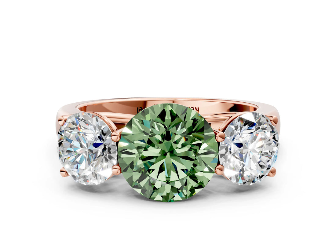 Rose gold Fancy Green Round Cut Three-Stone Diamond Ring with Prong Setting on a Classic Band_12