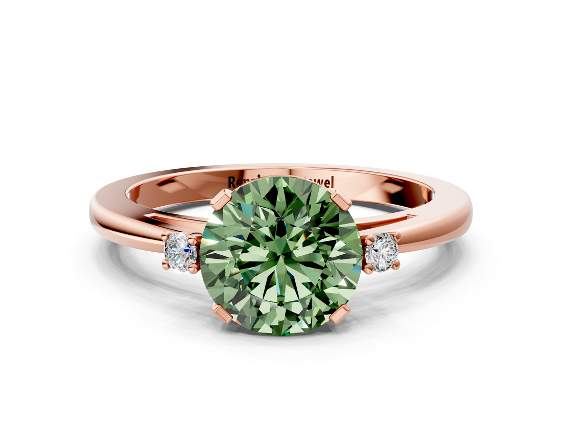 Rose gold Fancy Green Round  Cut Three-Stone Solitaire Ring with Round Accent Diamonds and Four-Prong Setting_20