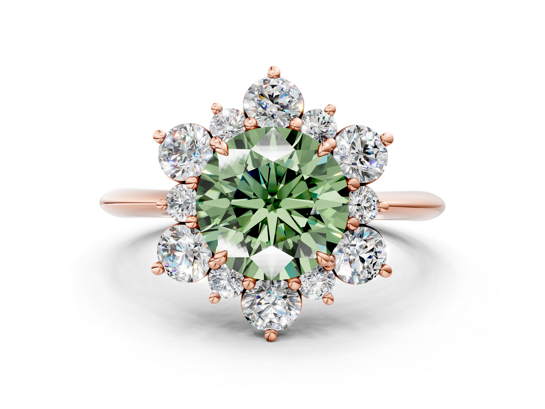 Rose gold Fancy Green Round  Diamond Cluster Halo Ring with Solitaire Band and Four-Prong Setting_20