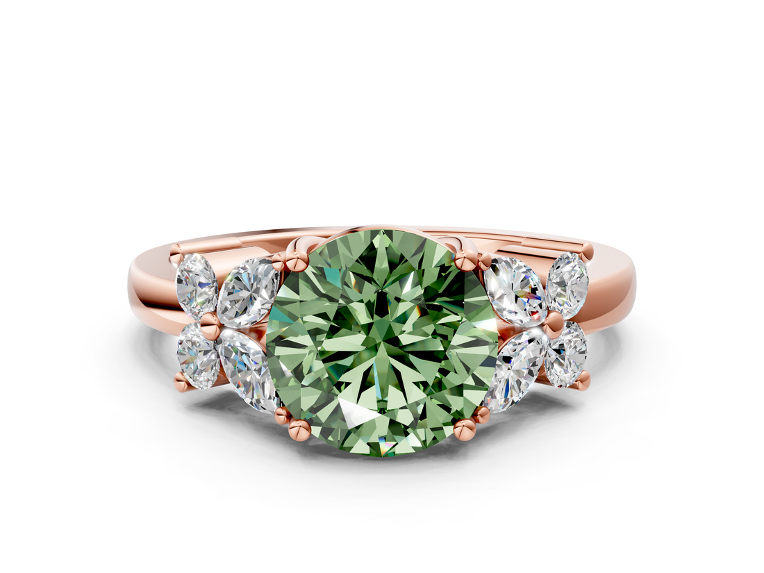 Rose gold Fancy Green Round  Diamond Floral Cluster Ring with Solitaire Band and Prong Setting_63