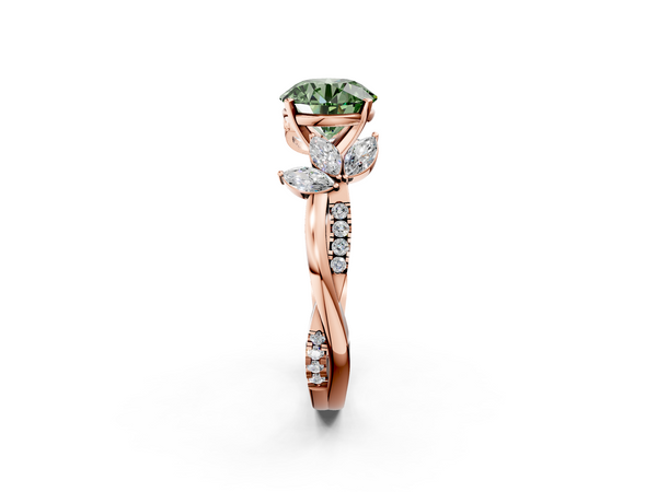 Rose gold Fancy Green Round  Diamond Floral Vine Solitaire Engagement Ring