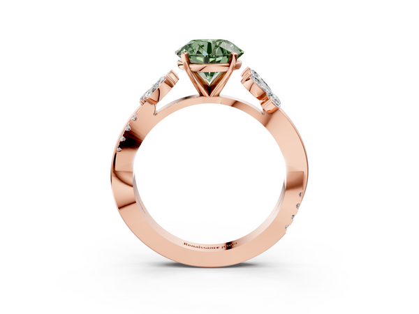 Rose gold Fancy Green Round  Diamond Floral Vine Solitaire Engagement Ring